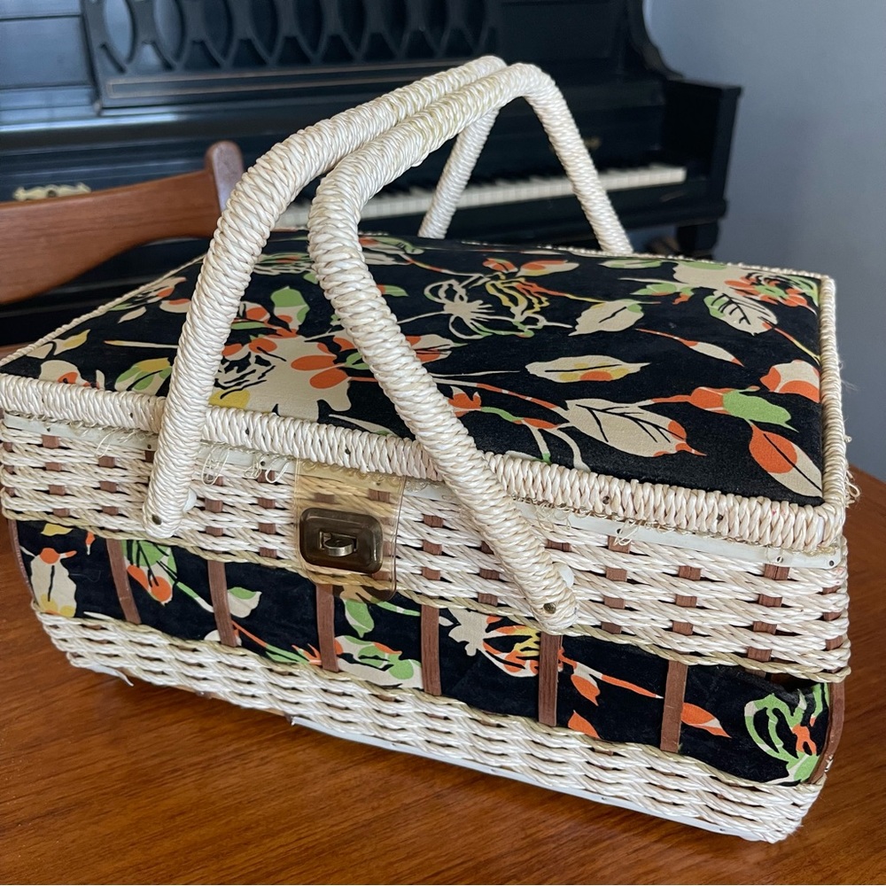 Vintage Picnic or Sewing Basket Floral and Cream wicker
